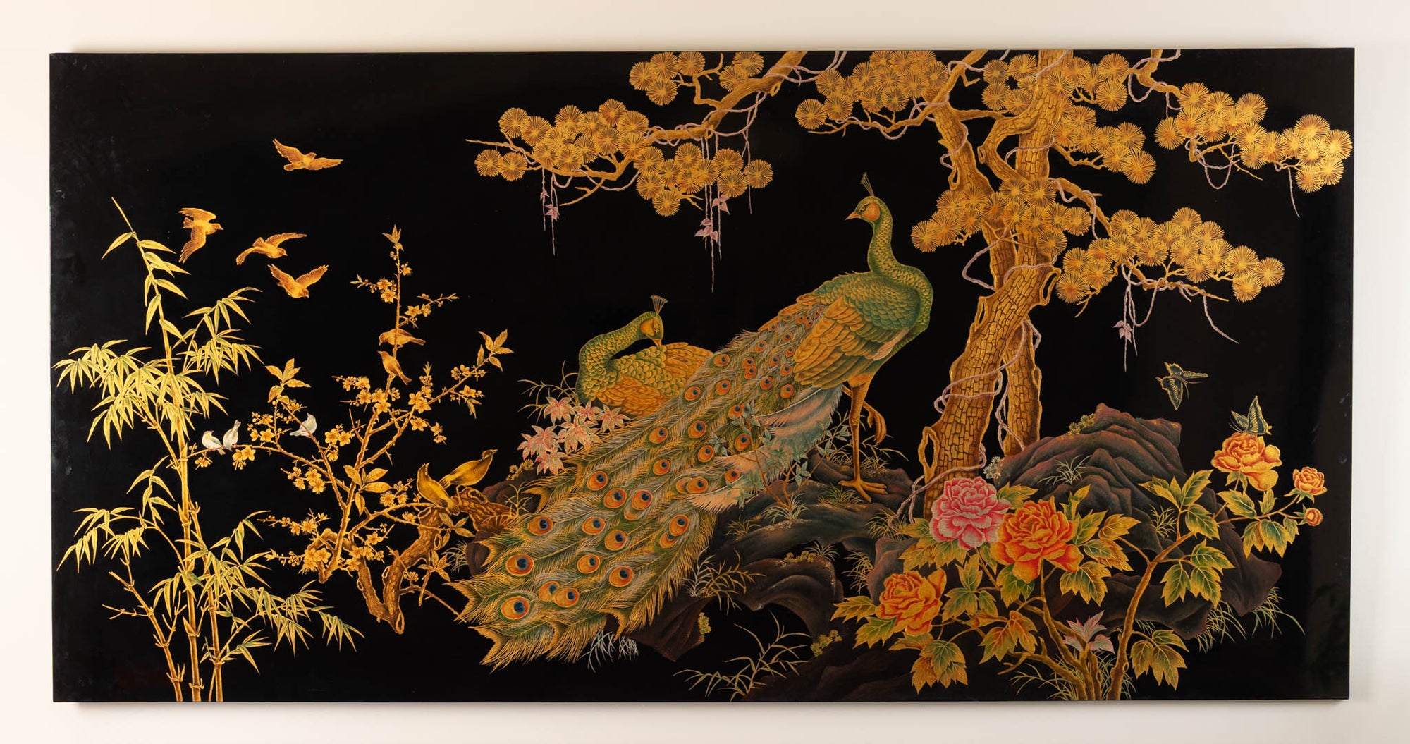 Large Hand-Painted Asian Lacquer Panel
