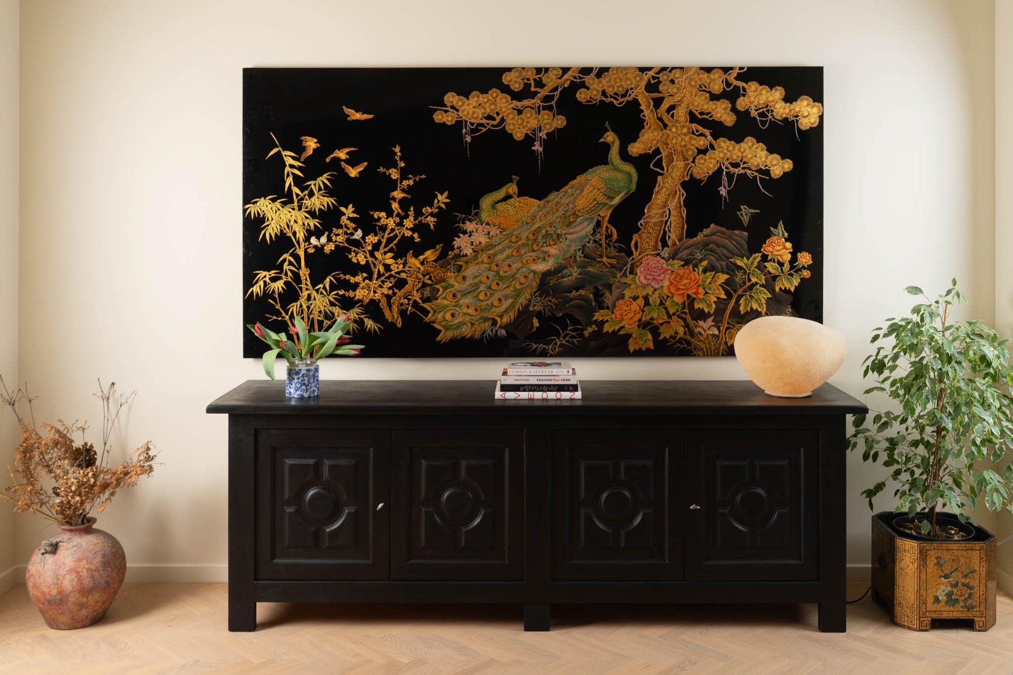 Large Hand-Painted Asian Lacquer Panel