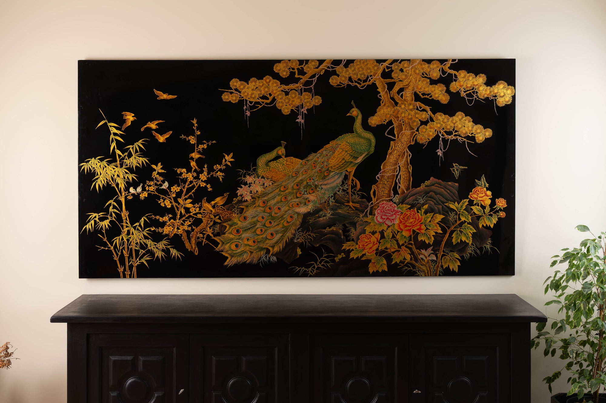 Large Hand-Painted Asian Lacquer Panel