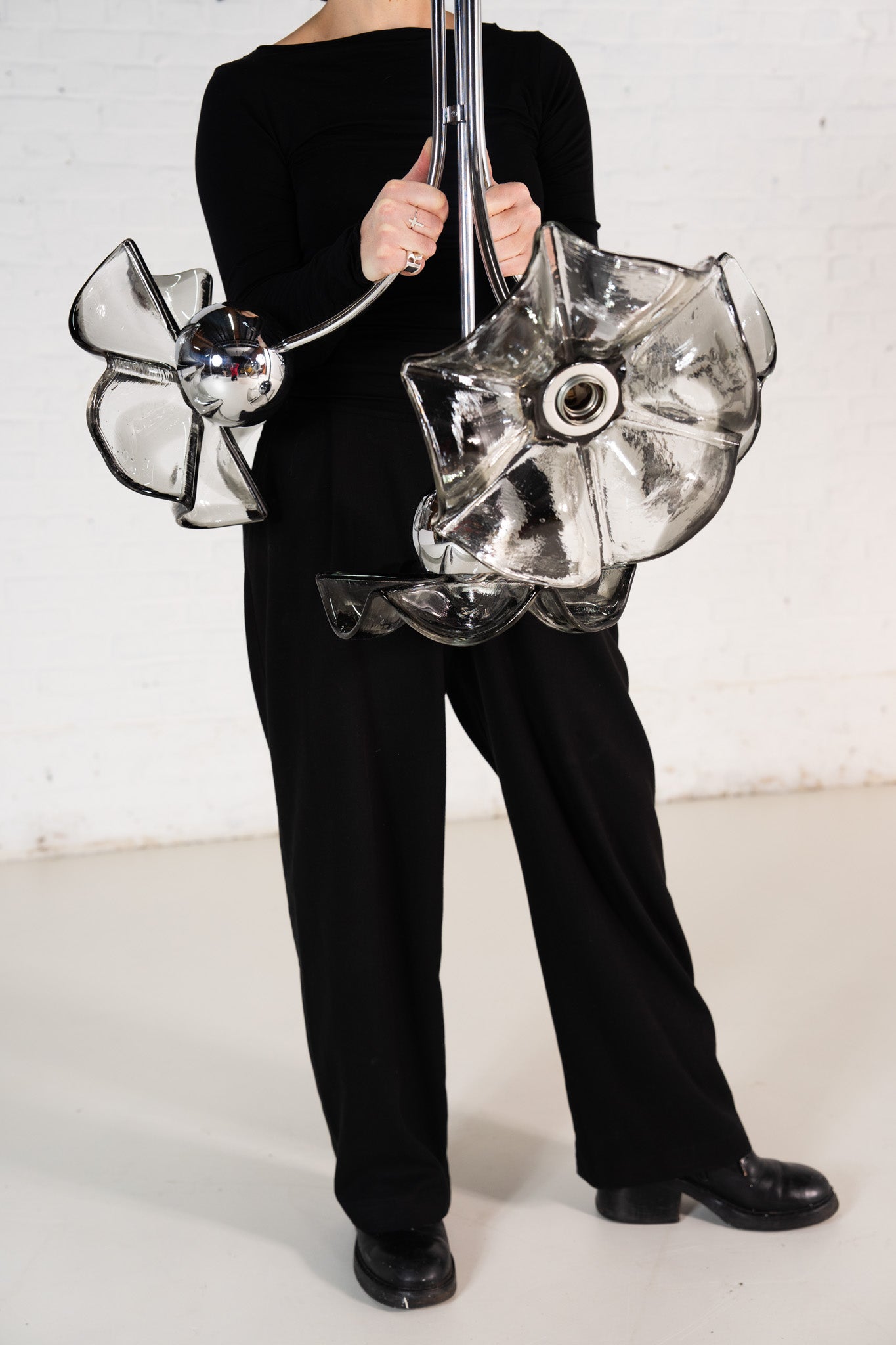 ZILVEREN &amp; GLAZEN DRIEVOUDIGE HANGLAMP 