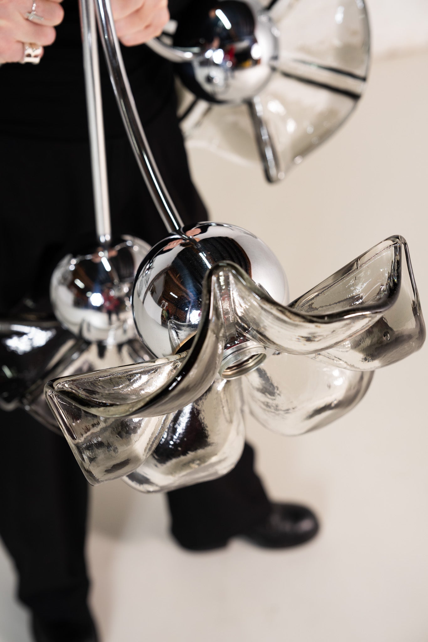 ZILVEREN &amp; GLAZEN DRIEVOUDIGE HANGLAMP 