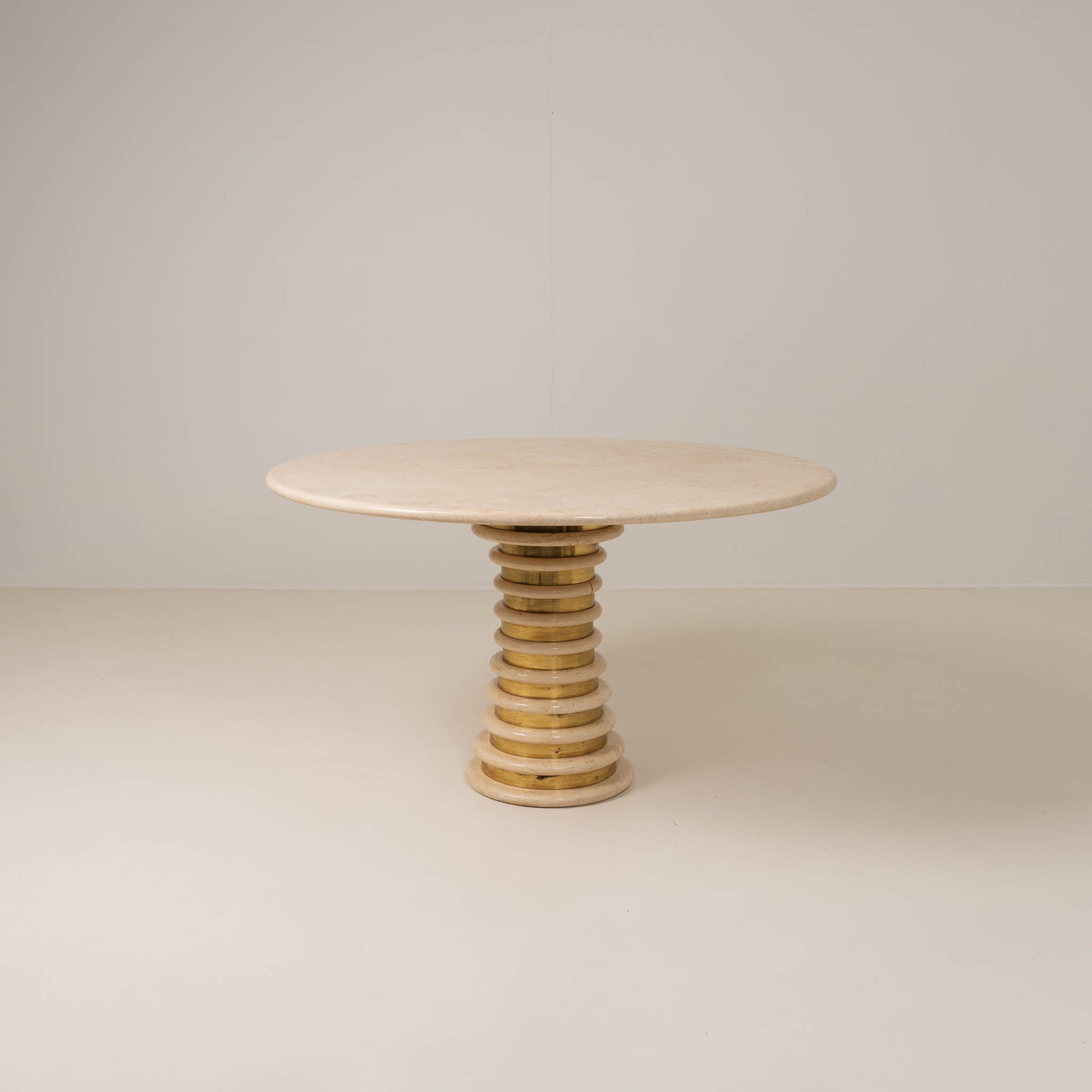 Italian Travertine and Brass Pedestal Dining Table Attributed to Marzio Cecchi for Studio Most, Italy,