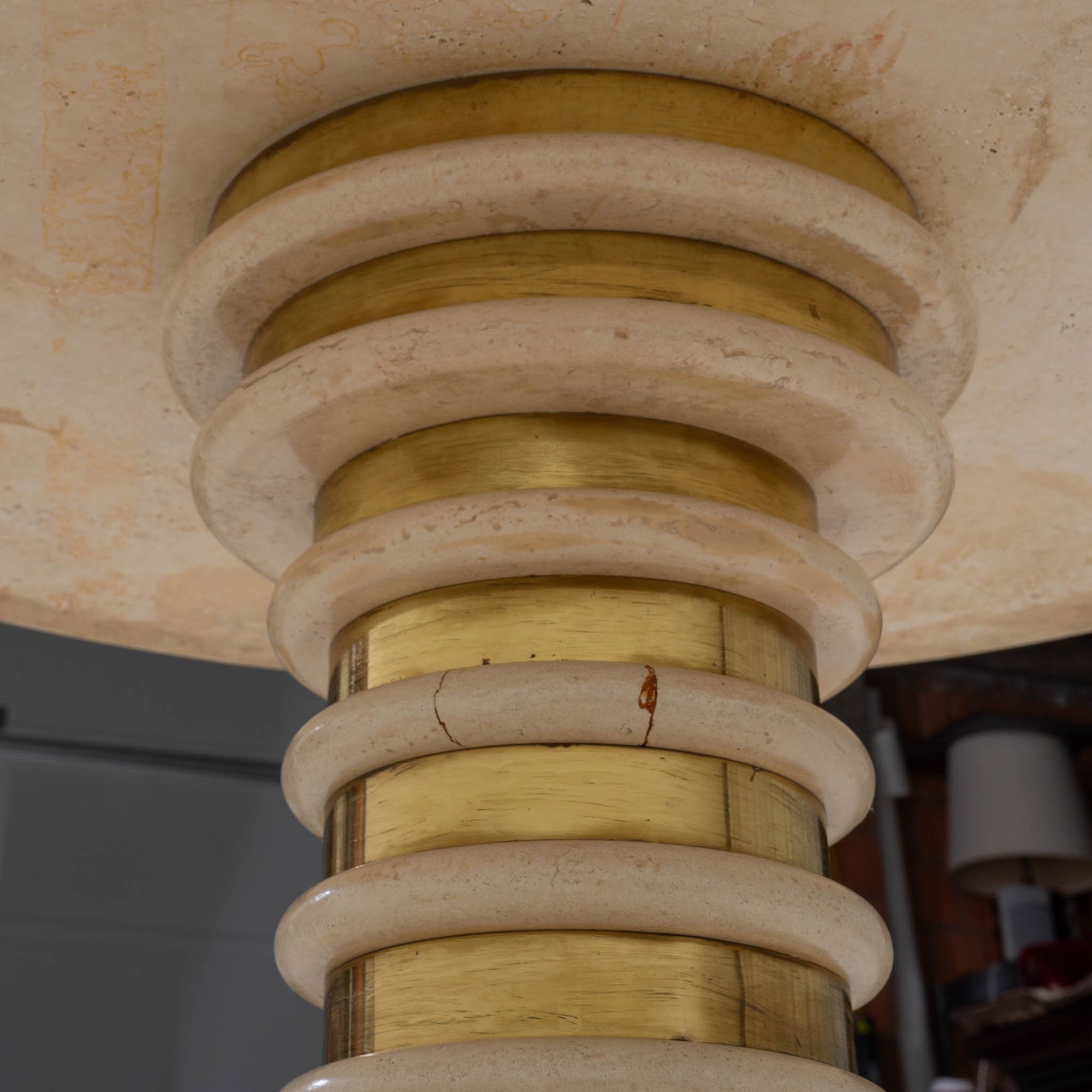 Italian Travertine and Brass Pedestal Dining Table Attributed to Marzio Cecchi for Studio Most, Italy,