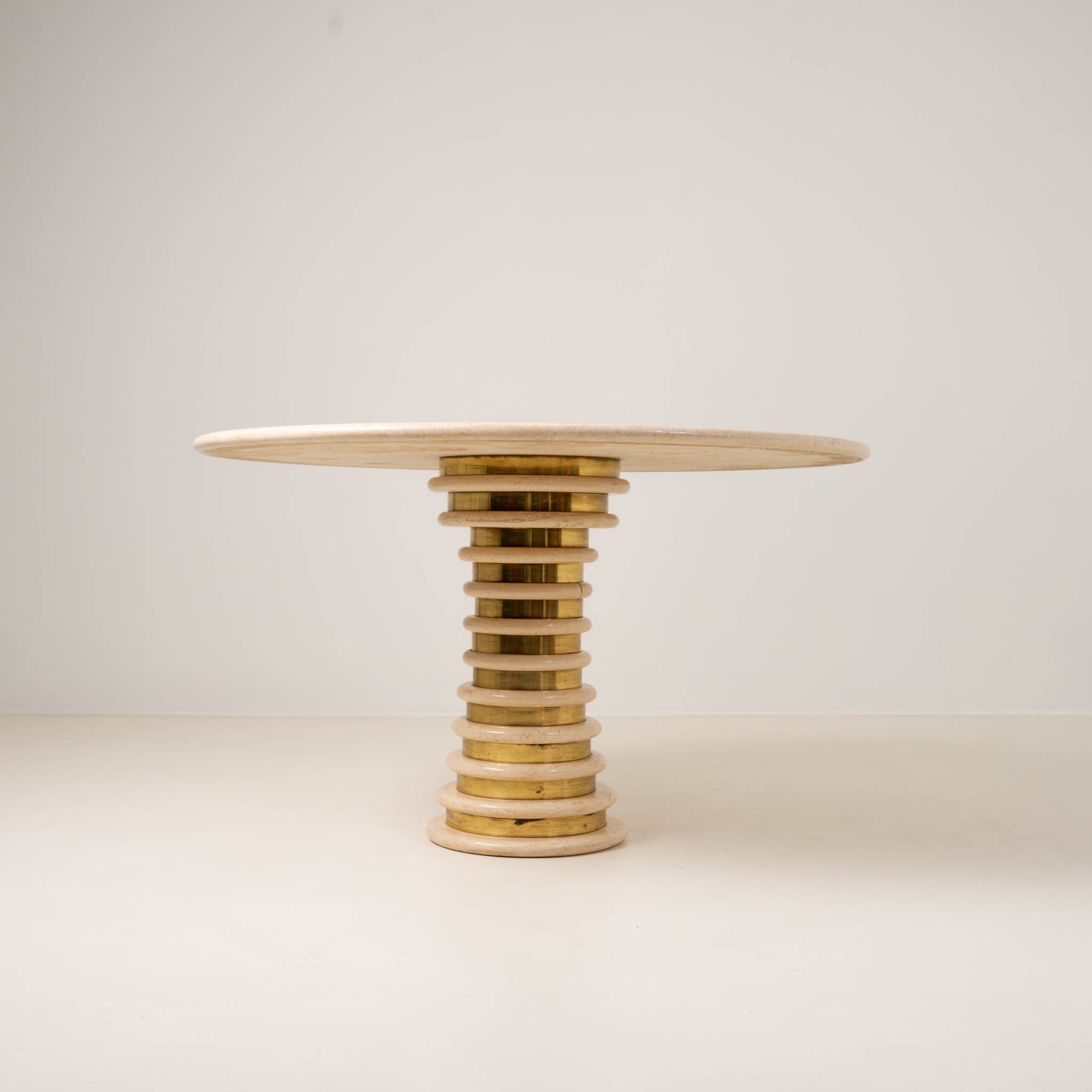 Italian Travertine and Brass Pedestal Dining Table Attributed to Marzio Cecchi for Studio Most, Italy,