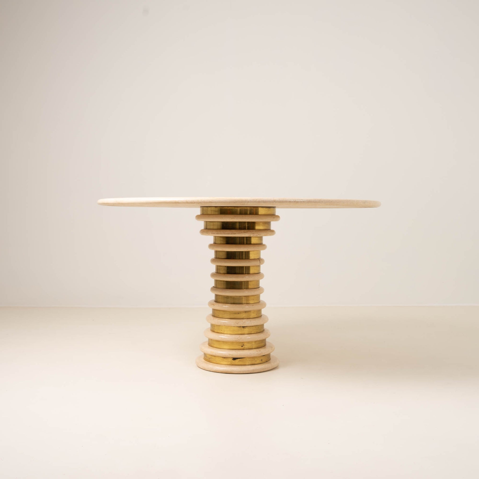 Italian Travertine and Brass Pedestal Dining Table Attributed to Marzio Cecchi for Studio Most, Italy,