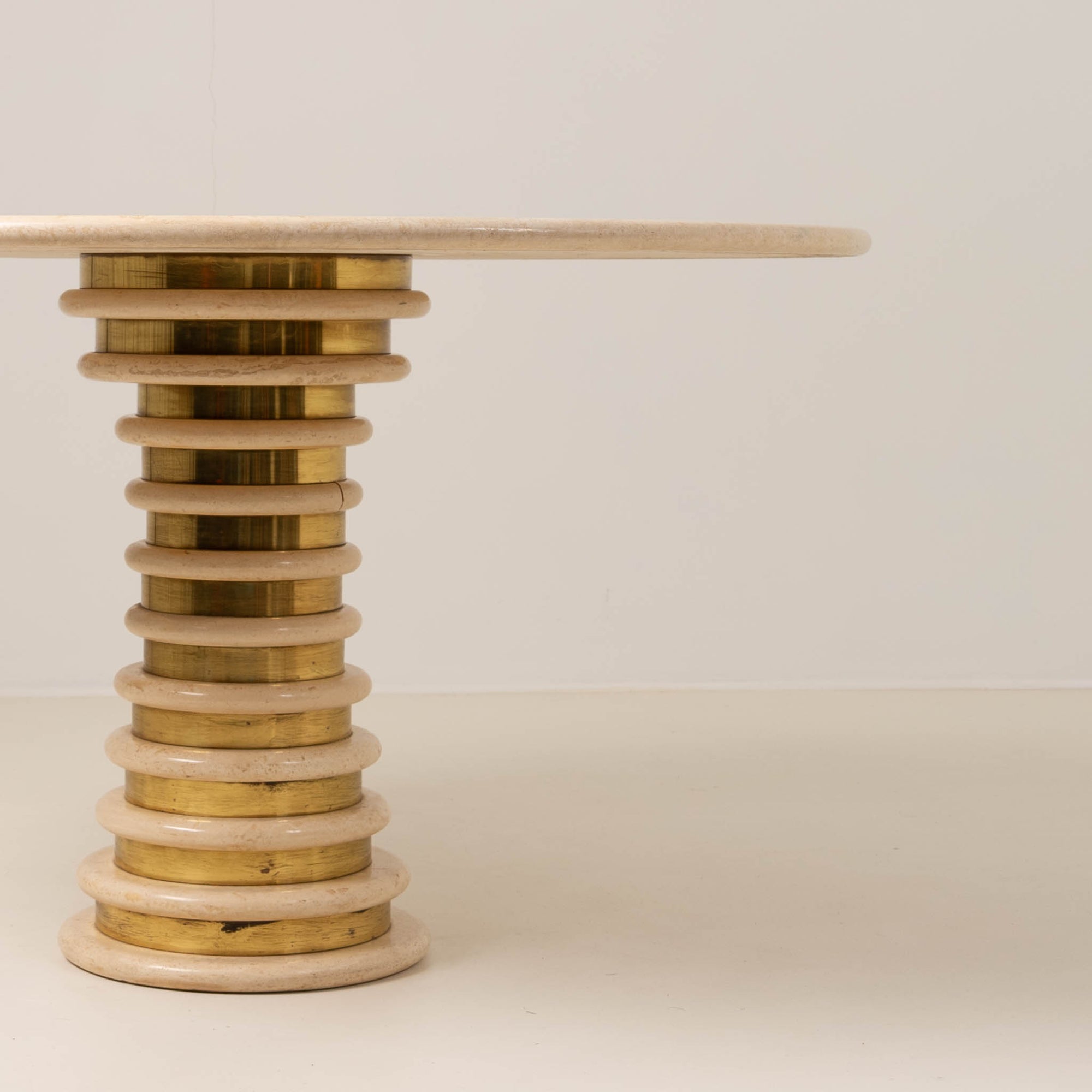 Italian Travertine and Brass Pedestal Dining Table Attributed to Marzio Cecchi for Studio Most, Italy,