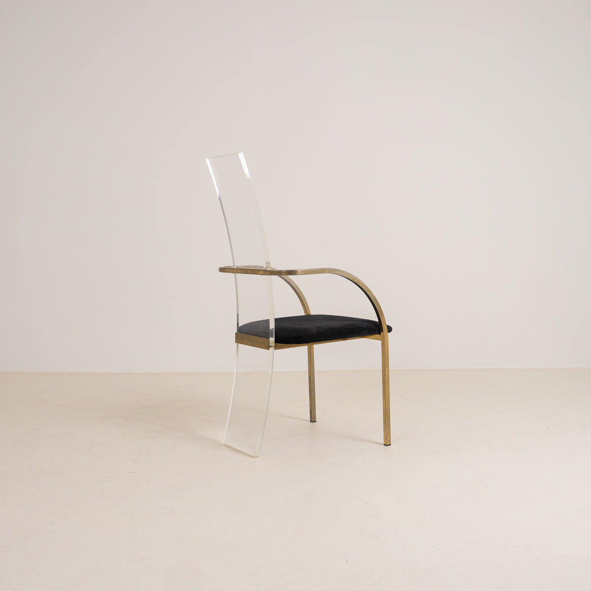 SET OF FOUR ACRYLIC AND BRASS CHAIRS BY BELGO CHROME